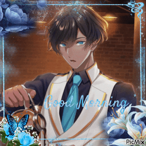 a picture of a man in a suit and tie with the words good morning on it
