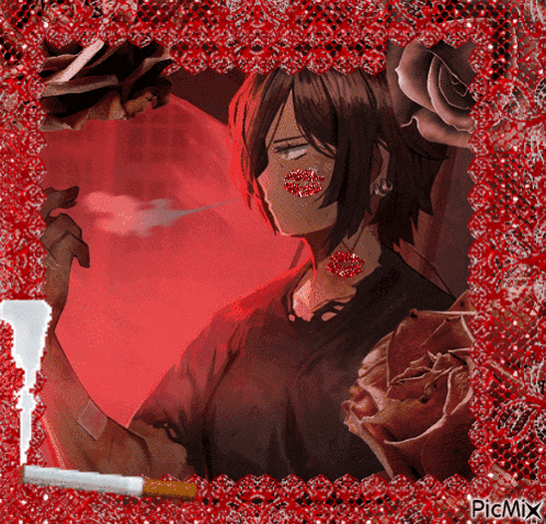 a picture of a girl smoking a cigarette with a rose in the background and the caption picmix