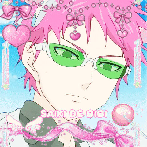 a pixel art drawing of a boy with pink hair and green glasses with the name saiki de bibi on the bottom