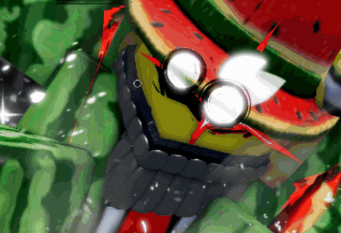 a cartoon drawing of a watermelon with a robot face on it