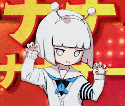 a girl with white hair and antennas on her head stands in front of a red background