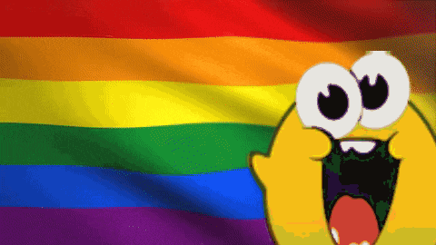 a rainbow flag is behind a cartoon face with big eyes