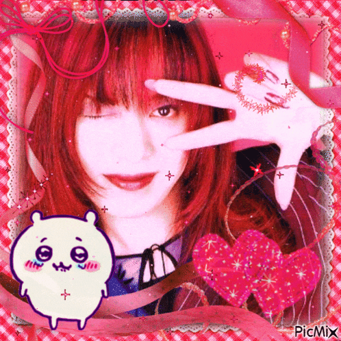 a girl with red hair is making a peace sign in a pink frame