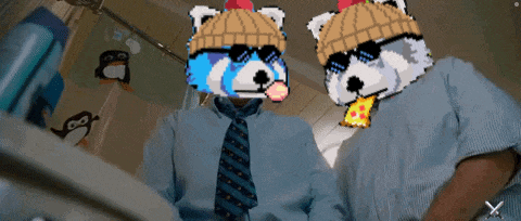 a pixel art of two people wearing hats and ties with a penguin in the background