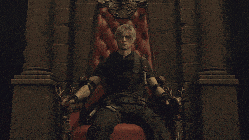 a man is sitting on a throne in a dark room