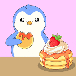 a penguin eating a donut next to a stack of pancakes