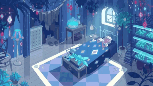 a girl is sleeping on a bed in a room with plants and a fish tank .