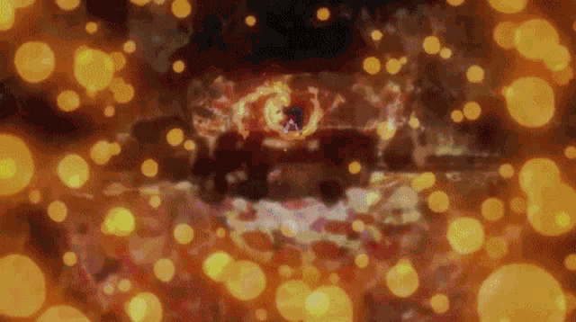 a painting of a person in a circle of fire surrounded by orange circles