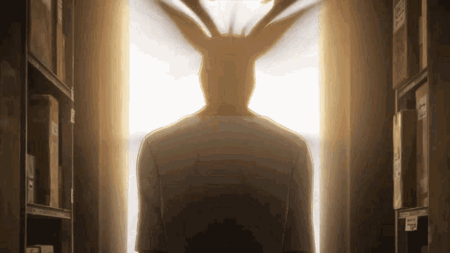 a person standing in a hallway with a deer head on their back