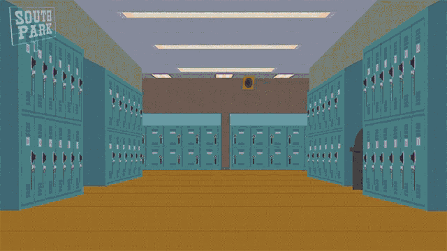 a group of south park characters in a hallway with lockers