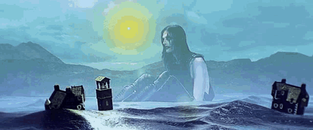 a painting of a woman sitting in the middle of the ocean