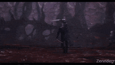 a man in a black coat is standing in front of a purple portal with the words zennder on the bottom