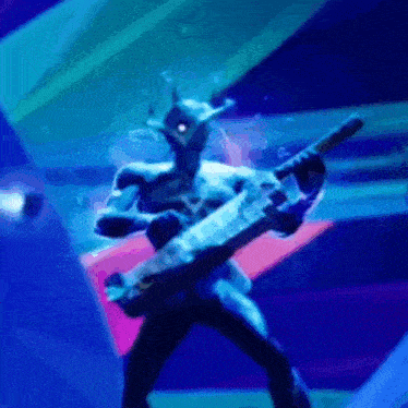 a cartoon character is holding a gun in a blue room .