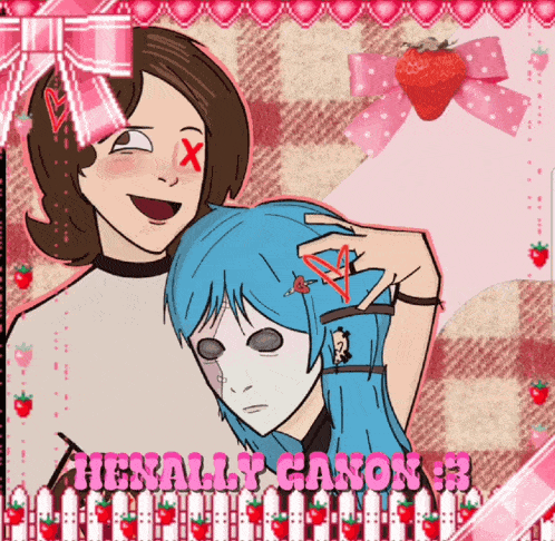 a drawing of a boy and a girl with the words henally canon written in pink