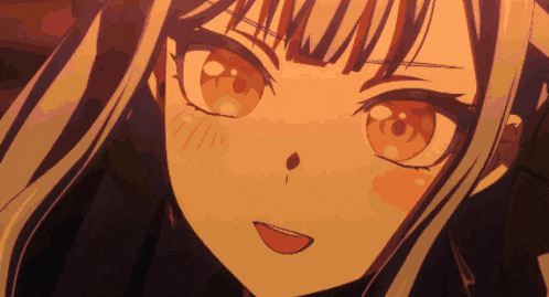 a close up of a girl 's face with a red eye