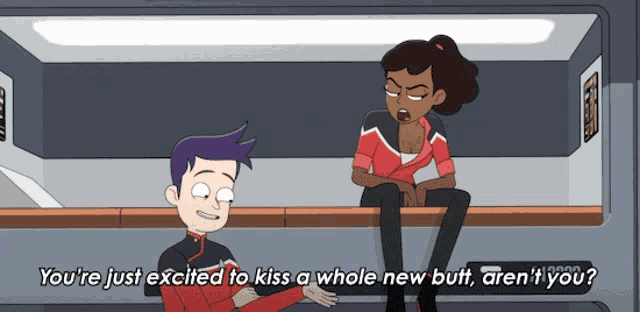 a man and a woman are sitting on a bench and the man is saying you 're just excited to kiss