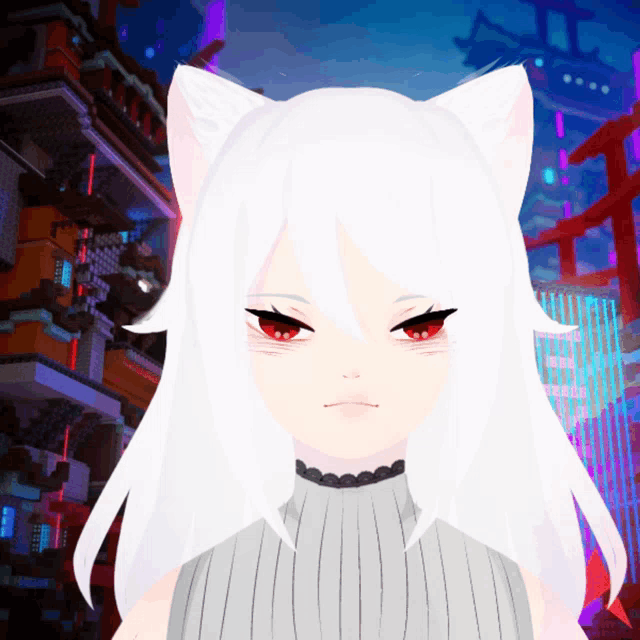 a girl with white hair and red eyes is wearing a white sweater