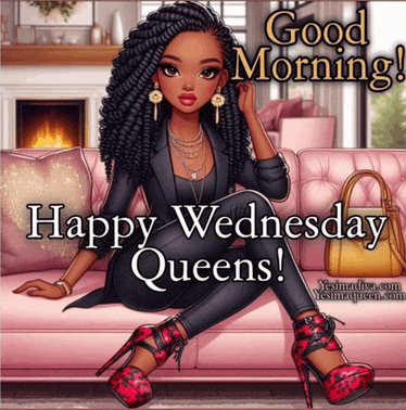 a cartoon of a woman sitting on a pink couch with the words " good morning happy wednesday queens "