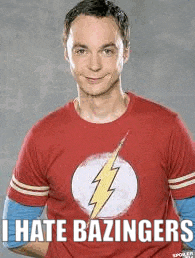 a man wearing a red t-shirt with a lightning bolt on it and the words `` i hate bazingers '' .