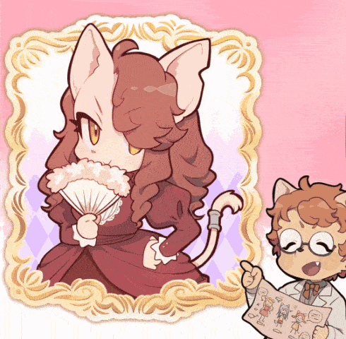 a cartoon drawing of a cat holding a fan and a man holding a book