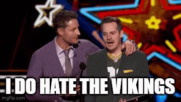 two men standing next to each other with the words " i do hate the vikings "