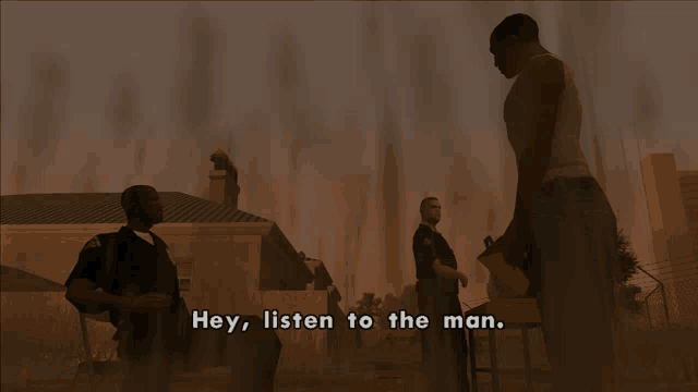 a video game scene with the words hey listen to the man on the bottom