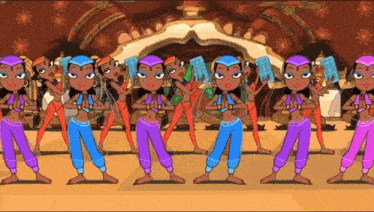 a cartoon drawing of a group of women dancing