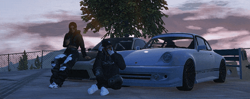 a man kneeling in front of a car that says rsr on the front