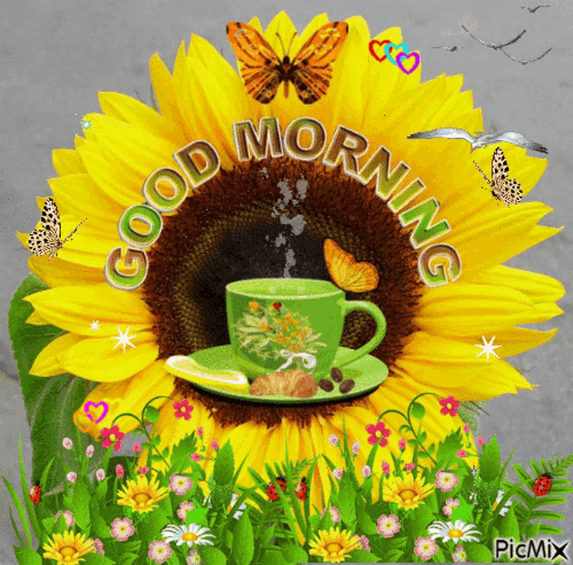 a picture of a sunflower with a cup of coffee and butterflies that says good morning