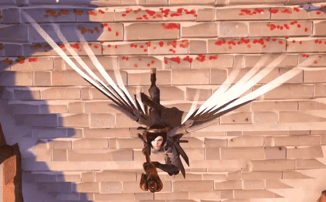 a cartoon character with wings is standing on a brick wall