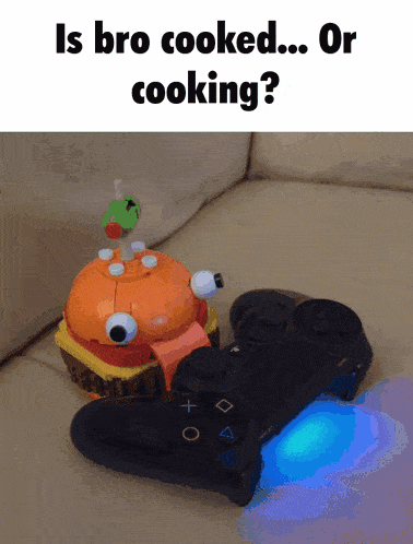 a picture of a hamburger and a video game controller with the caption " is bro cooked or cooking "