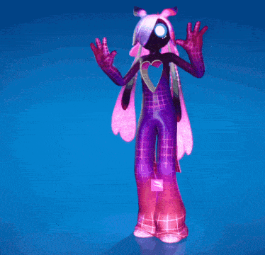 a cartoon character in a pink and purple outfit with a heart in the back