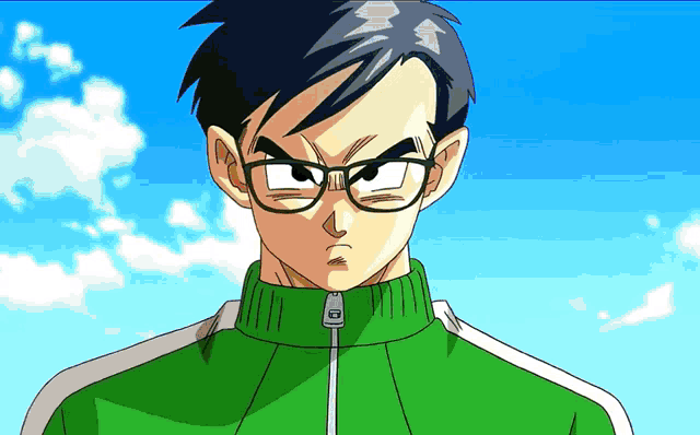 a cartoon character wearing glasses and a green jacket with a zipper on the front