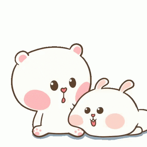 a cartoon of a bear and a rabbit hugging each other with hearts around them .