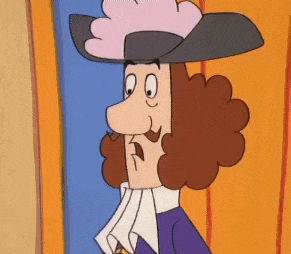 a cartoon character with curly hair and a hat is standing in front of an orange and blue wall .
