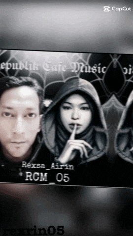 a black and white photo of a man and a woman with republic cafe music written on the bottom