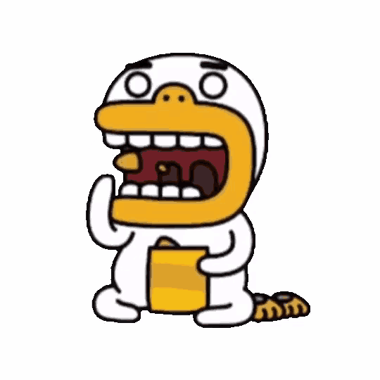 a cartoon character wearing a duck costume is holding a box with his mouth open .