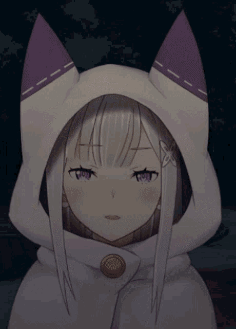 a girl with purple eyes is wearing a cat ear hood