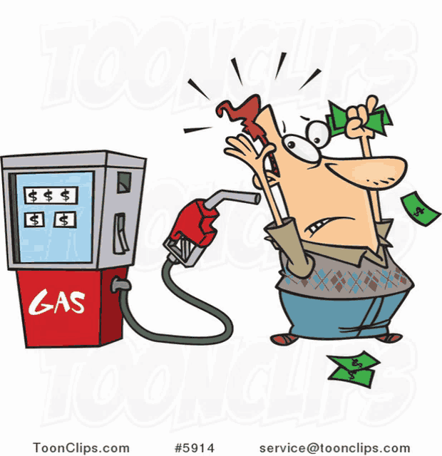 a cartoon of a man holding a stack of money standing next to a gas pump