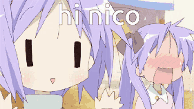 a girl with purple hair is standing next to another girl and the word hi nico is on the bottom right