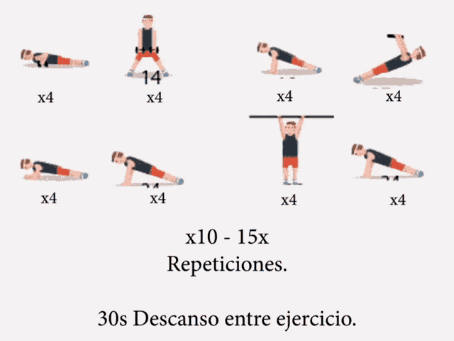 a set of exercises with the words 30s descanso entre ejercicio on the bottom