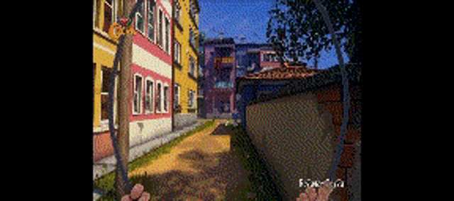 a painting of a narrow alleyway between two buildings with flowers in the foreground .