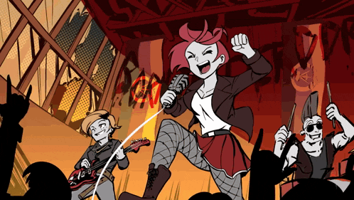 a cartoon of a girl singing into a microphone with a crowd behind her