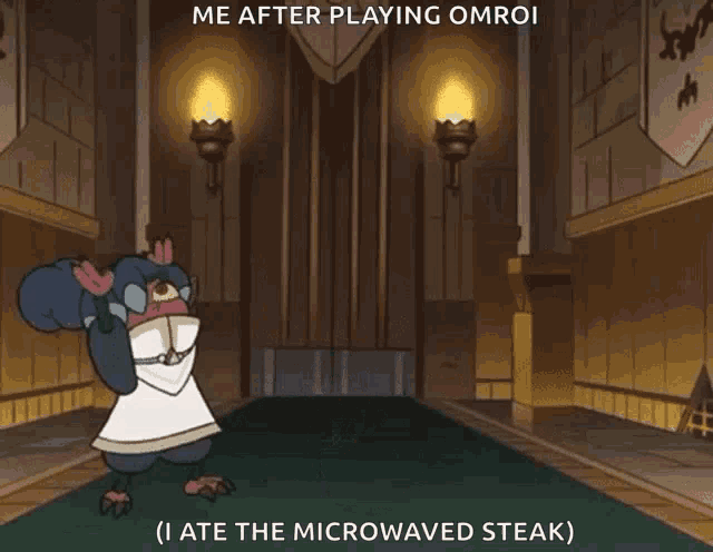 a cartoon character laying on the floor with the caption " me after playing omroi "