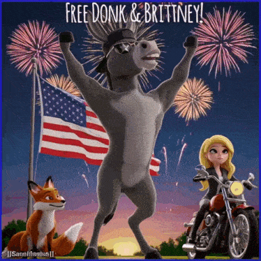 a donkey and a fox are standing in front of fireworks with the words free donk & brittney