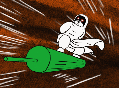 a cartoon drawing of a person riding a green cylinder