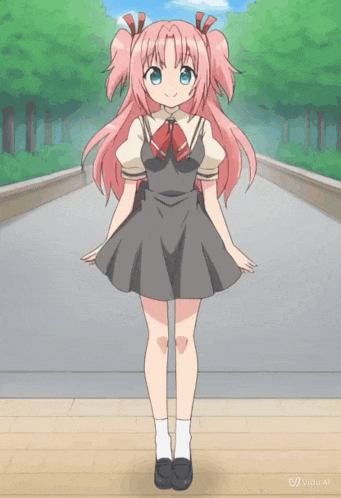 a girl with pink hair is wearing a gray dress and a red bow tie