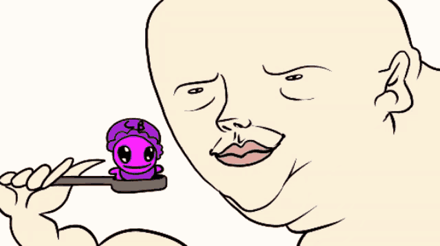a cartoon drawing of a man with a red tongue sticking out of his mouth