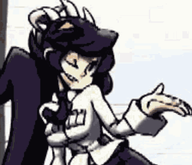 a cartoon character is standing in front of a white wall with her hand outstretched .