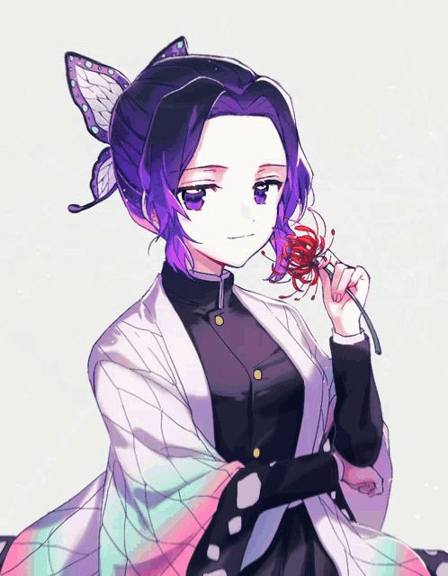 a girl with purple hair holds a red flower in her hand